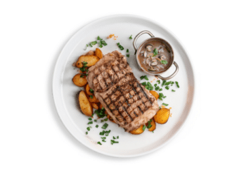 Chargrilled Grass Fed Rump With Mushroom Sauce, potatoes mash- 350 g
