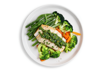Sous vide barramundi With Special Greek Sauce, seasonal vegetables- 350 g
