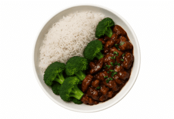 Sweet & Savory Korean-Style Sticky Chicken Blisst , basmati rice & broccoli- 350 g